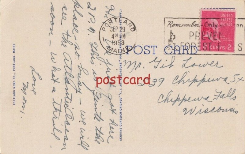 1953 Greetings from PORTLAND Maine, large letter, postmarked 