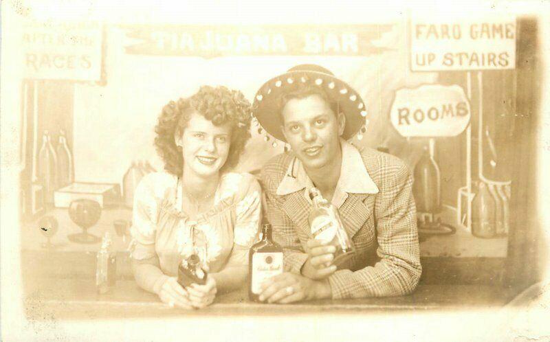 1930s Tijuana Mexico Photo Studio Bar Prop Whiskey Couple Drink RPPC  Postcard
