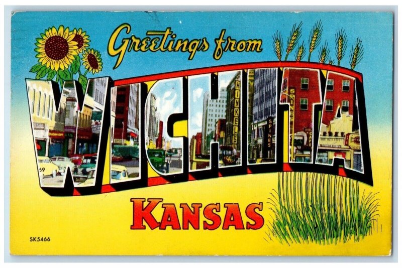 1956 Greetings from Wichita Kansas KS Large Letter Flower Multiview Postcard 