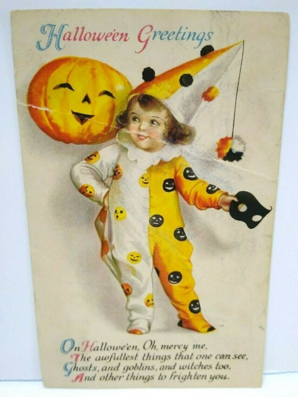 Halloween Postcard Ellen Clapsaddle Wolf Series 31 Lil Girl Clown Vintage RARE