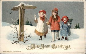 Winsch New Year Children in Snow c1910 Vintage Postcard