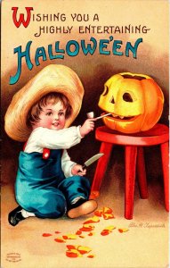 Vintage Clapsaddle Adorable Boy Carving Pumpkin, JOL, Pipe Halloween Postcard