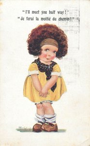 Humor comic caricature postcard coiffure girl in yellow dress Belgium