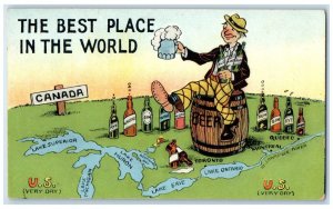 Man Champagne Barrel The Place In The World Map Prohibition Canada Postcard