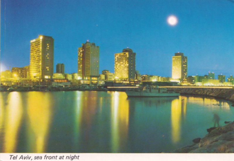 Tel Aviv Isreal Harbour Seafront At Night Boat Postcard