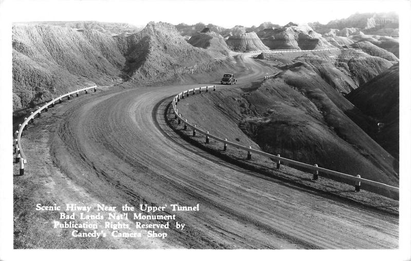 Bad Lands National Monument South Dakota~40s Car on Hiway near Upper Tunnel~RPPC