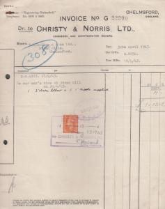 Christy & Norris Engineers Steam Mill Essex Worker 1943 War Receipt Ephemera