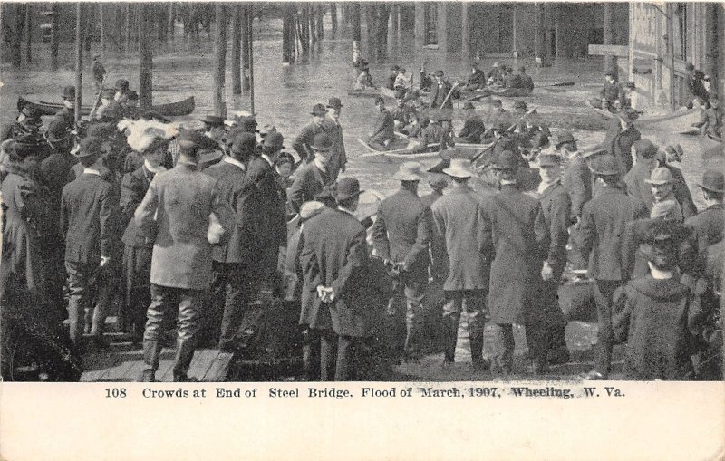 J42/ Wheeling West Virginia Postcard c1907 Flood Disaster Steel Bridge Boats 124