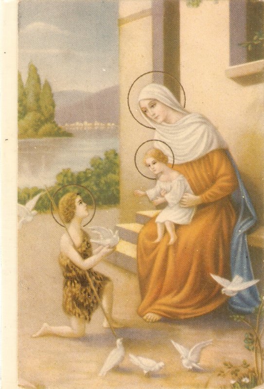 The Virgin, Jesus, St. John and doves· Lovely vintage Spanish religious postc