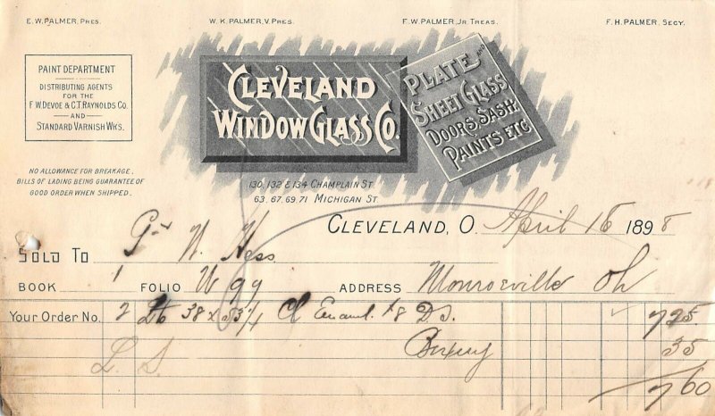 1898 Cleveland Window Glass Co Plate & Sheet Glass Cleveland Ohio Billhead