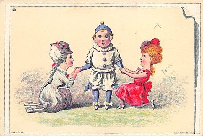 Approx. Size: 3 x 4.5 Children playing with a clown  Late 1800's Tradecard Non  