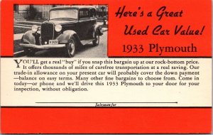 Auto Advertising, Used Car 1933 Plymouth Vintage Postcard V42