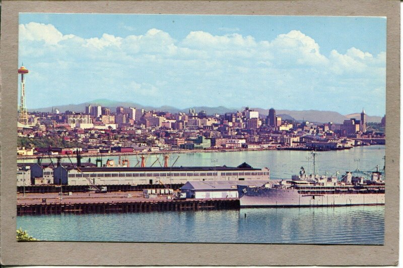 Postcard WA Seattle Waterfront Pier 91 Space Needle Naval Ship 2651N