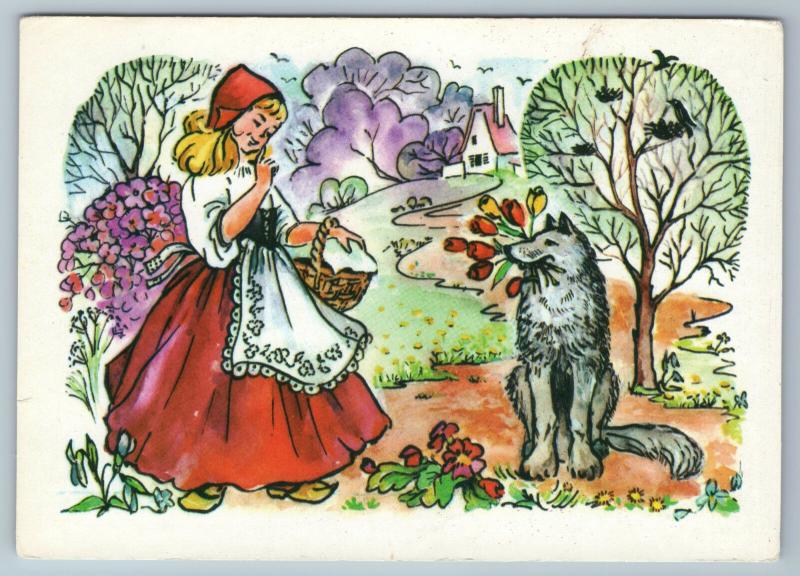 Little Red Riding Hood and Gray Wolf Congratulation Russian Unposted postcard