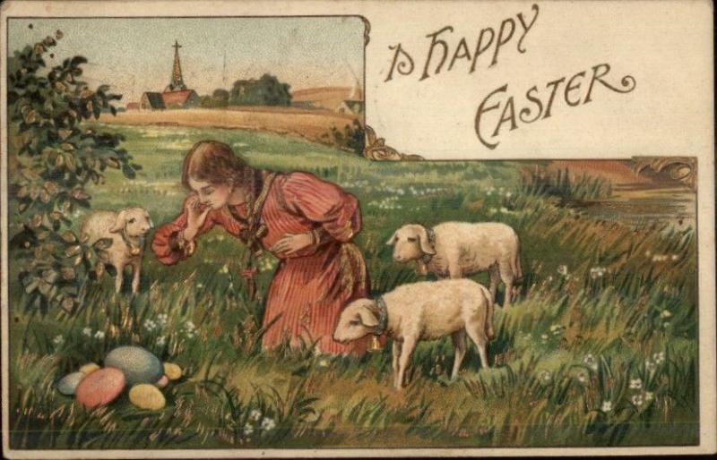 Easter - Beautiful Girl in Field w/ Lambs & Colored Eggs Embossed Postcard