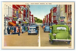 c1940 State St. Classic Cars Establishments Bristol Virginia Tennessee Postcard