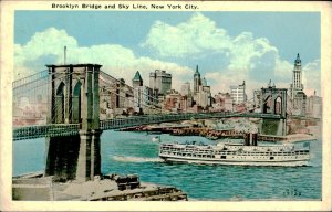 B579 United States New York Brooklyn Bridge and Sky Line steamer ship postcard