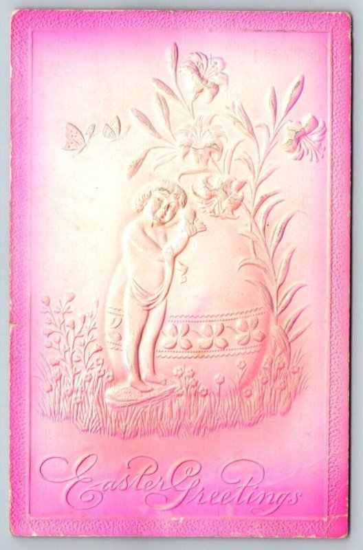 Easter Greetings, Boy With Egg, 1908 Embossed Airbrushed Postcard, Bas Relief