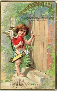 1910 Victorian Naked Cupid with Heart and Arrows Embossed Postcard 14-44