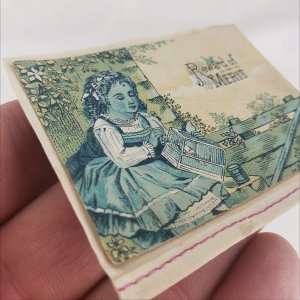 Antique Award of Merit 1880s Girl with Pet Bird in Cage Blue Green Yellow Card