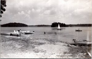 RPPC Postcard WI Hayward Beach at Thunder Point Lodge Windigo Lake 1950s Z12