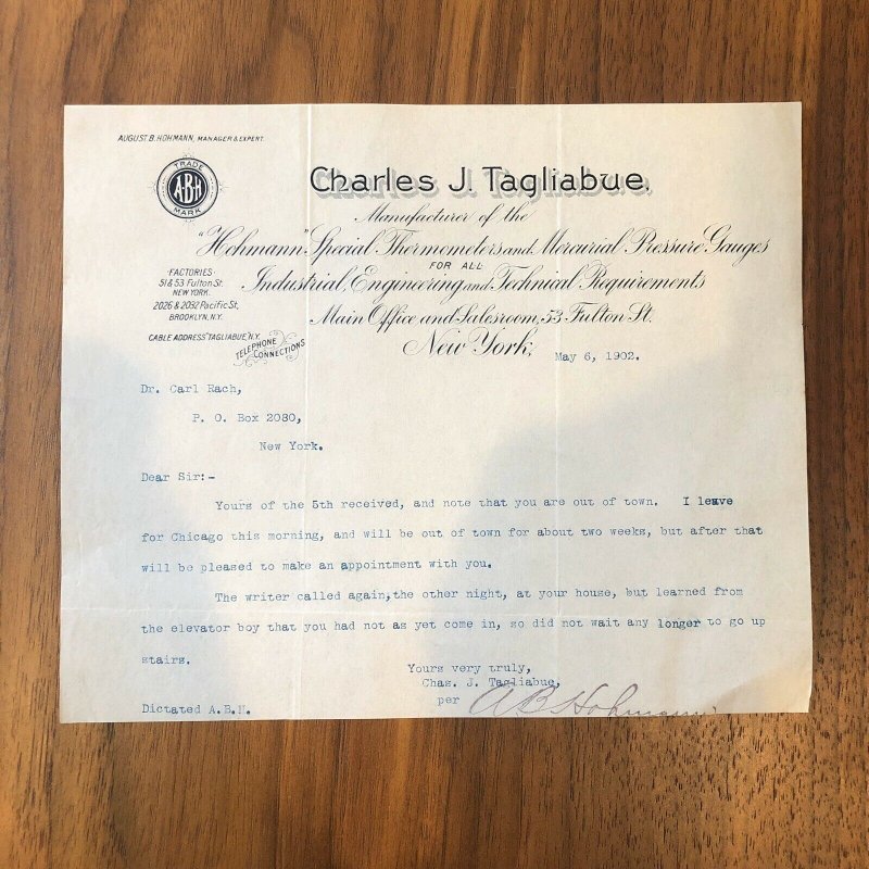 Brooklyn, NY - C.J.Tagliabue LETTER SIGNED - 1902 - MACHINIST - VINTAGE RARE 