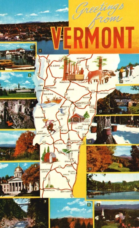 Vintage Postcard Large Letter Greetings Vermont Map Lake Yacht Village Capitol