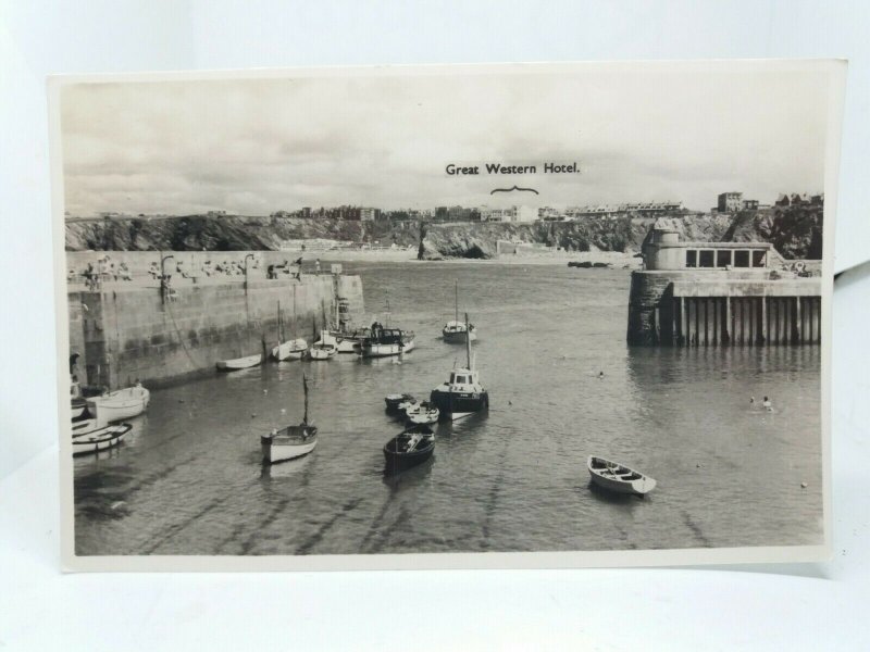 The Harbour Newquay Showing Great Western Hotel Vintage Rp Postcard Chas Woolf