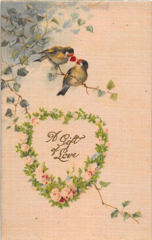 F99/ Valentine's Day Love Holiday Postcard c1910 SILK Birds Gift Love 22