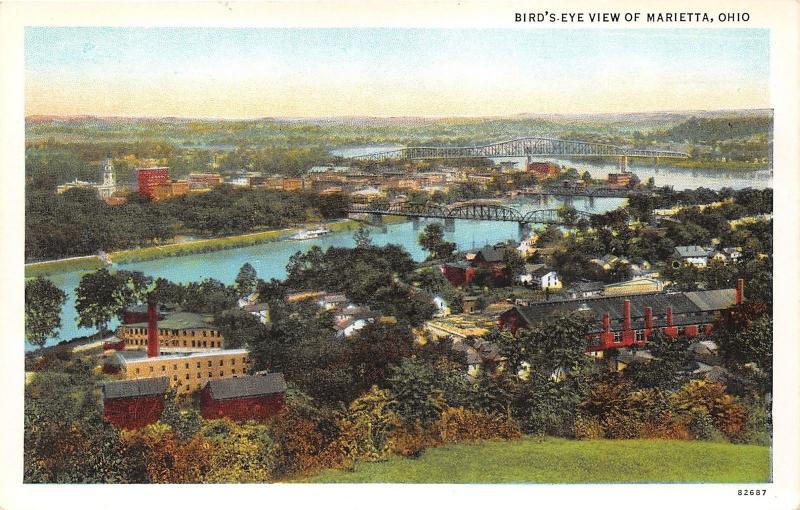 Marietta Ohio Hillside View~Houses-Factory? Buildings-River Bridges-Church~1920s