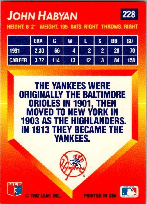 1992 Donruss Baseball Card John Habyan New York Yankees sk6161