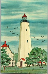 Sandy Hook Lighthouse, Highlands, NJ, Artist Mabel Burr Vintage Postcard E76