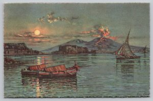 Postcard Naples Italy Mt Vesuvius Boats Nighttime 1930s Linen View
