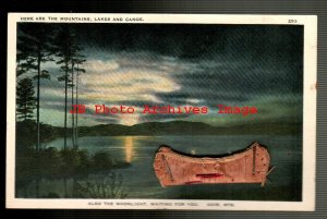 Novelty Postcard, Leather Canoe Attached to Adirondack Mountains Lake Scene