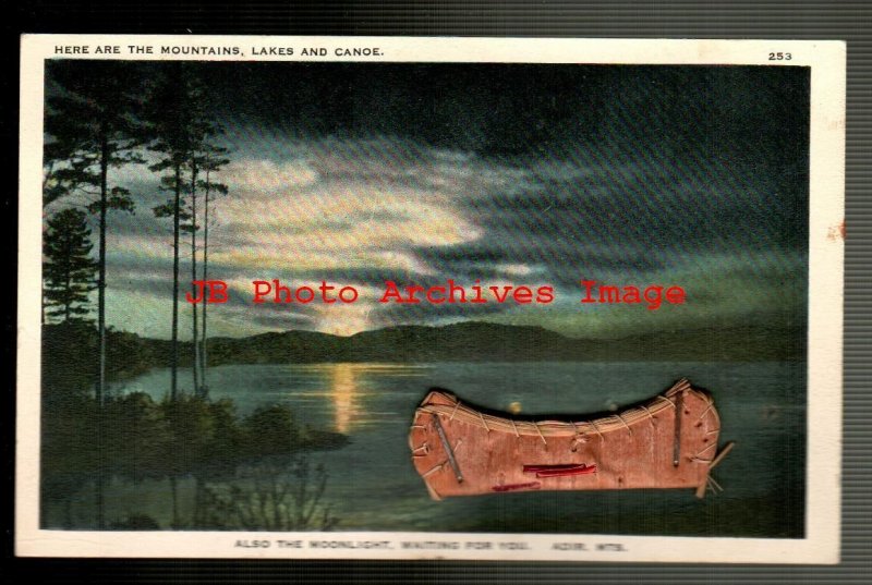 Novelty Postcard, Leather Canoe Attached to Adirondack Mountains Lake Scene