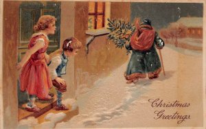 J78/ Santa Claus Christmas Postcard c1910 Blue Suit Snow Tree Girls 359