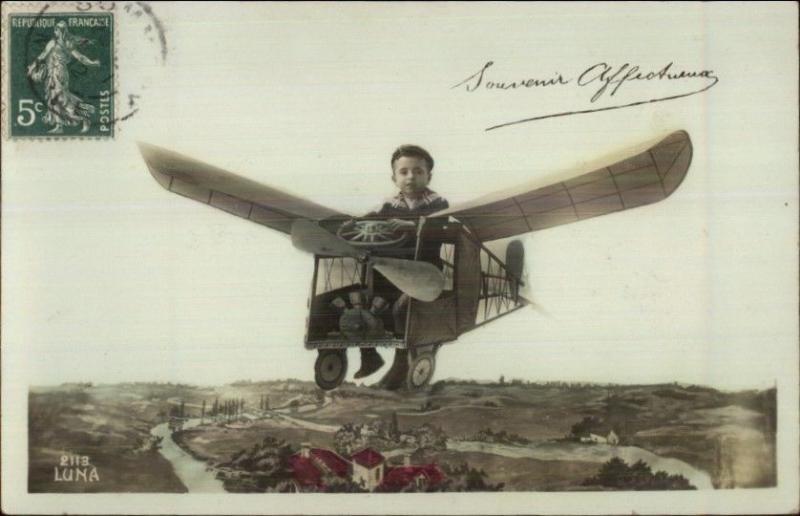 French - Little Boy in Monoplane Airplane Studio Tinted Real Photo Postcard