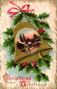 Christmas Greetings - Gold Bell and Holly - Embossed - c1908