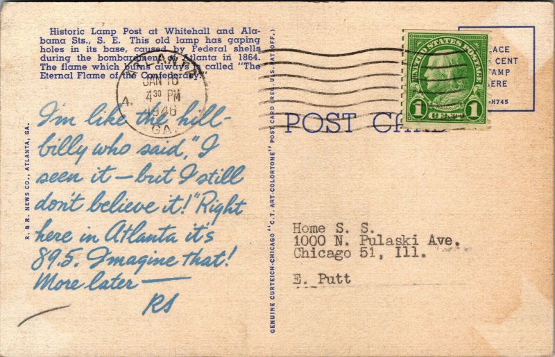 Vtg 1940s Historic Lamp Post Eternal Flame Of Confederacy Atlanta GA Postcard