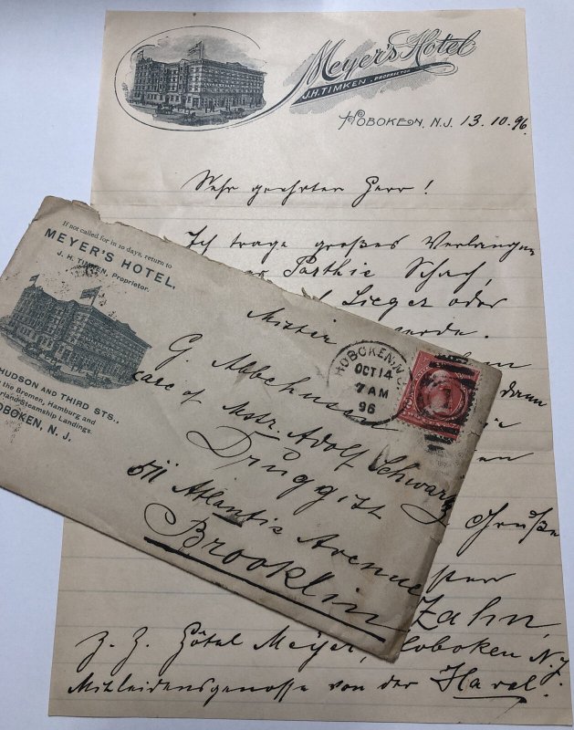 Vtg Lot 1896 MEYER'S HOTEL J.H. TIMKEN Hoboken New Jersey Letterhead & Envelope
