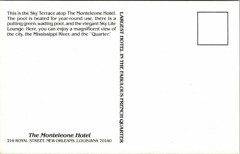 Sky Terrace Monteleone Hotel Swimming Pool New Orleans Louisiana LA VTG Postcard 