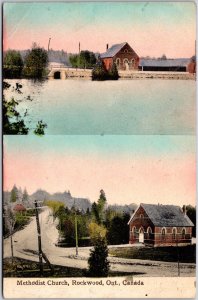 Postcard Rockwood Ontario c1910 Methodist Church Dual View Hand Tinted