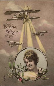 WWI Romance Beautiful Woman & Airplanes Shining Lights c1915 French Postcard