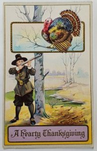 Thanksgiving Greetings Pilgrim Hunting Turkey Gilded Postcard S16