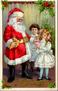 Embossed Postcard Christmas Greetings Red Santa Giving Toys to Girls ~1910 M39