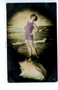 494453 FASHION Woman Girl in Bathing Suit MERMAID w/ Shell PHOTO postcard