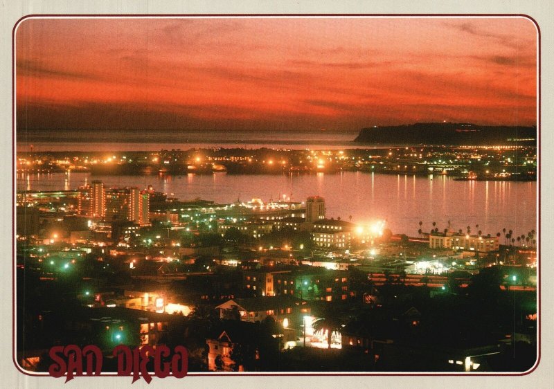 Vintage Postcard San Diego Harbor at Sundown With Point Loma Background