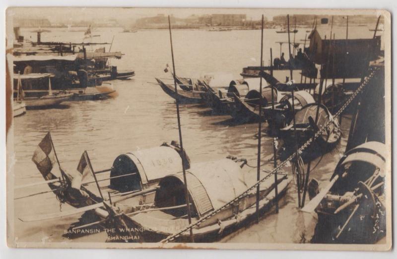 Shanghai China Sanpansin the Whangpoo River Sampan Fishing Boats RPPC Postcard