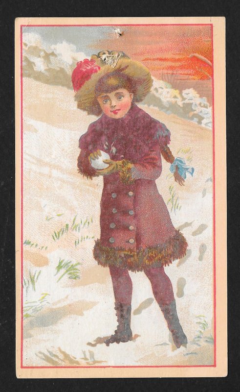 VICTORIAN TRADE CARD Stitt Coffee Winter View Girl & Snowball