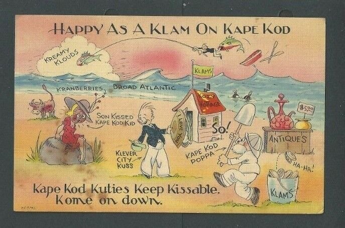 1941 Post Card Humor Happy As A Klam On Kape Kod